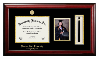 Western State University College of Law Diploma with 5 x 7 Portrait & Tassel Box Frame in Classic Mahogany with Black & Gold Mats for document: 8 1/2"h x 11"w  
