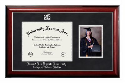 Hamad Bin Khalifa University College of Islamic Studies Diploma with 5 x 7 Portrait Frame in Classic Mahogany with Silver Trim with Black Suede & Silver Mats for document: 8 1/2"h x 11"w  