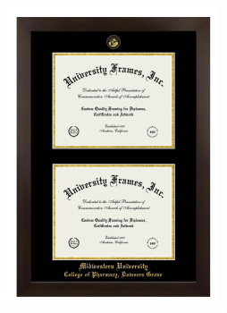 Midwestern University College of Pharmacy (Downers Grove IL) Double Diploma Frame in Manhattan Espresso with Black & Gold Mats for document: 8 1/2"h x 11"w  , document: 8 1/2"h x 11"w  