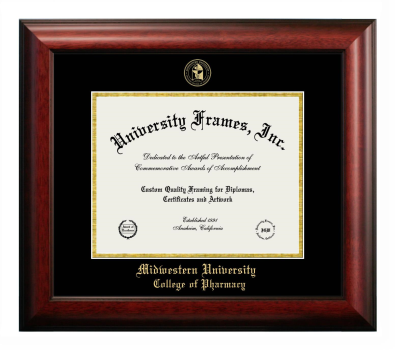 Midwestern University College of Pharmacy Diploma Frame in Satin Mahogany with Black & Gold Mats for document: 8 1/2"h x 11"w  