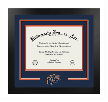 University of Texas at El Paso Logo Mat Frame in Manhattan Black with Navy Blue & Orange Mats for document: 8 1/2"h x 11"w  