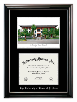 University of Texas at El Paso Double Opening with Campus Image (Stacked) Frame in Classic Ebony with Silver Trim with Black & Silver Mats for document: 8 1/2"h x 11"w  