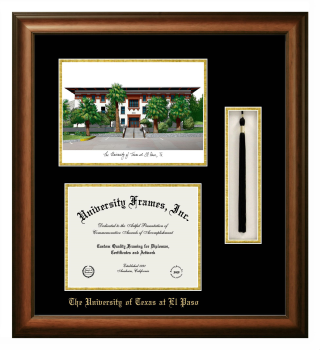 University of Texas at El Paso Double Opening with Campus Image & Tassel Box (Stacked) Frame in Satin Walnut with Black & Gold Mats for document: 8 1/2"h x 11"w  