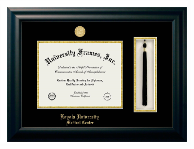 Loyola University Medical Center Diploma with Tassel Box Frame in Satin Black with Black & Gold Mats for document: 8 1/2"h x 11"w  