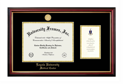 Loyola University Medical Center Diploma with Announcement Frame in Petite Mahogany with Gold Trim with Black & Gold Mats for document: 8 1/2"h x 11"w  , diploma: 7"h x 4"w  