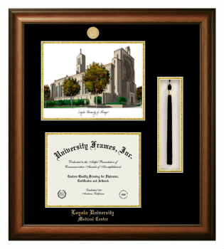Loyola University Medical Center Double Opening with Campus Image & Tassel Box (Stacked) Frame in Satin Walnut with Black & Gold Mats for document: 8 1/2"h x 11"w  