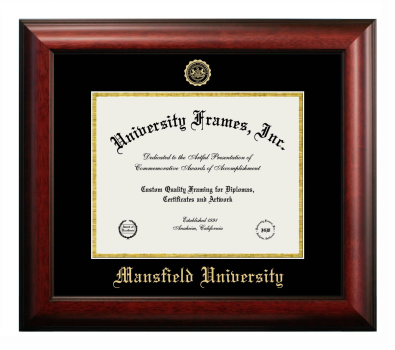 Mansfield University Diploma Frame in Satin Mahogany with Black & Gold Mats for document: 8 1/2"h x 11"w  