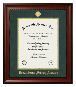 United States Military Academy (West Point) Diploma Frame in Avalon Mahogany with Green Suede & Gold Mats for document: 14"h x 11"w  