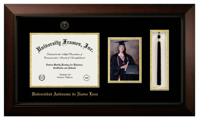 Universidad Autónoma de Nuevo Leon Diploma with 5 x 7 Portrait & Tassel Box Frame in Legacy Black Cherry with Black & Gold Mats for document: 8 1/2"h x 11"w  