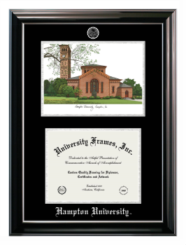 Hampton University Double Opening with Campus Image (Stacked) Frame in Classic Ebony with Silver Trim with Black & Silver Mats for document: 8 1/2"h x 11"w  