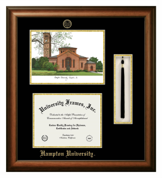 Hampton University Double Opening with Campus Image & Tassel Box (Stacked) Frame in Satin Walnut with Black & Gold Mats for document: 8 1/2"h x 11"w  