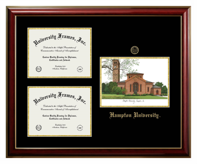 Hampton University Triple Opening with Campus Image Frame in Classic Mahogany with Gold Trim with Black & Gold Mats for document: 8 1/2"h x 11"w  , document: 8 1/2"h x 11"w  