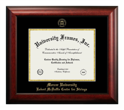 Mercer University Robert McDuffie Center for Strings Diploma Frame in Satin Mahogany with Black & Gold Mats for document: 8 1/2"h x 11"w  