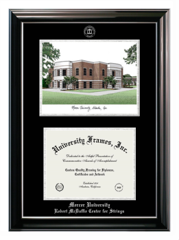 Mercer University Robert McDuffie Center for Strings Double Opening with Campus Image (Stacked) Frame in Classic Ebony with Silver Trim with Black & Silver Mats for document: 8 1/2"h x 11"w  