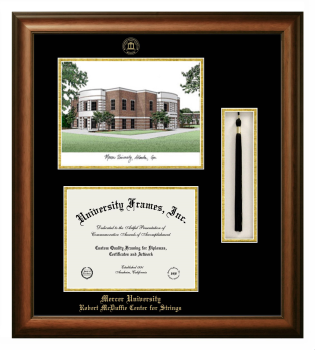 Mercer University Robert McDuffie Center for Strings Double Opening with Campus Image & Tassel Box (Stacked) Frame in Satin Walnut with Black & Gold Mats for document: 8 1/2"h x 11"w  