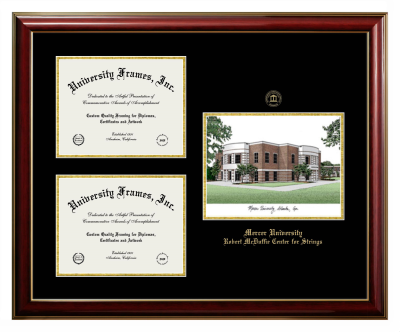 Mercer University Robert McDuffie Center for Strings Triple Opening with Campus Image Frame in Classic Mahogany with Gold Trim with Black & Gold Mats for document: 8 1/2"h x 11"w  , document: 8 1/2"h x 11"w  