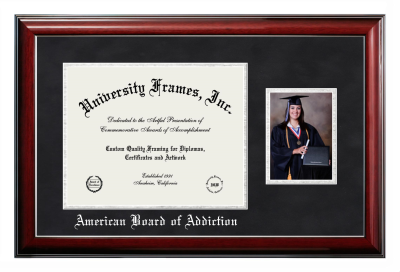 American Board of Addiction Diploma with 5 x 7 Portrait Frame in Classic Mahogany with Silver Trim with Black Suede & Silver Mats for document: 11"h x 14"w  