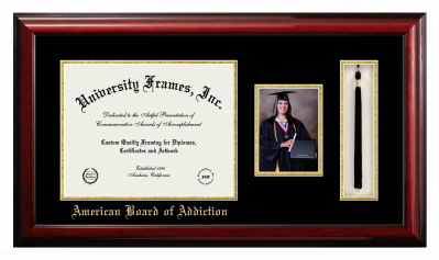 American Board of Addiction Diploma with 5 x 7 Portrait & Tassel Box Frame in Classic Mahogany with Black & Gold Mats for document: 11"h x 14"w  