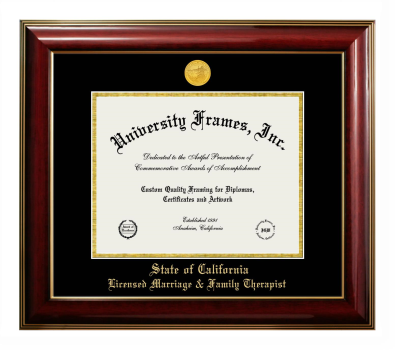 State of California Licensed Marriage & Family Therapist Diploma Frame in Classic Mahogany with Gold Trim with Black & Gold Mats for document: 8 1/2"h x 11"w  