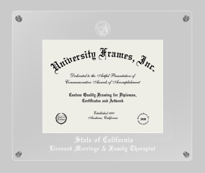 State of California Licensed Marriage & Family Therapist Lucent Clear-over-Clear Frame in Lucent Clear Moulding with Lucent Clear Mat for document: 8 1/2"h x 11"w  