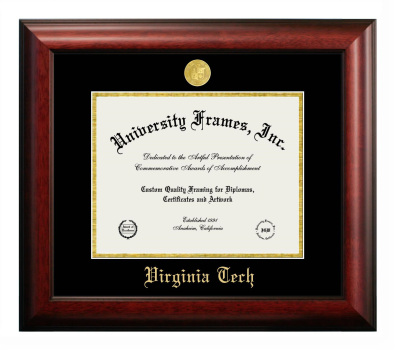 Virginia Tech Diploma Frame in Satin Mahogany with Black & Gold Mats for document: 8 1/2"h x 11"w  