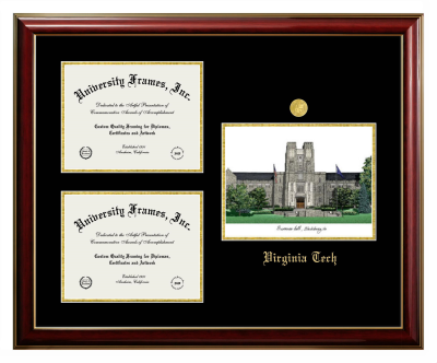Virginia Tech Triple Opening with Campus Image Frame in Classic Mahogany with Gold Trim with Black & Gold Mats for document: 8 1/2"h x 11"w  , document: 8 1/2"h x 11"w  