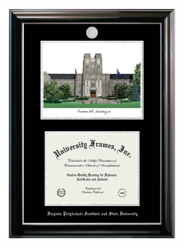 Virginia Polytechnic Institute and State University Double Opening with Campus Image (Stacked) Frame in Classic Ebony with Silver Trim with Black & Silver Mats for document: 8 1/2"h x 11"w  