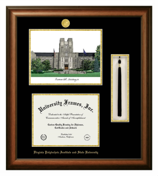 Virginia Polytechnic Institute and State University Double Opening with Campus Image & Tassel Box (Stacked) Frame in Satin Walnut with Black & Gold Mats for document: 8 1/2"h x 11"w  