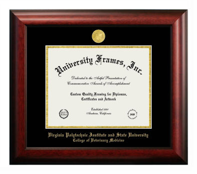 Virginia Polytechnic Institute and State University College of Veterinary Medicine Diploma Frame in Satin Mahogany with Black & Gold Mats for document: 8 1/2"h x 11"w  