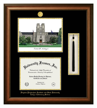 Virginia Polytechnic Institute and State University College of Veterinary Medicine Double Opening with Campus Image & Tassel Box (Stacked) Frame in Satin Walnut with Black & Gold Mats for document: 8 1/2"h x 11"w  