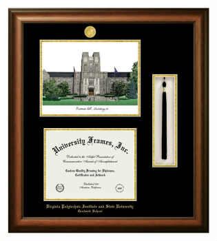 Virginia Polytechnic Institute and State University Graduate School Double Opening with Campus Image & Tassel Box (Stacked) Frame in Satin Walnut with Black & Gold Mats for document: 8 1/2"h x 11"w  