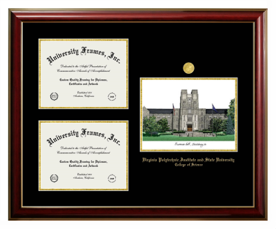 Virginia Polytechnic Institute and State University College of Science Triple Opening with Campus Image Frame in Classic Mahogany with Gold Trim with Black & Gold Mats for document: 8 1/2"h x 11"w  , document: 8 1/2"h x 11"w  