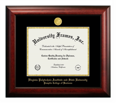 Virginia Polytechnic Institute and State University Pamplin College of Business Diploma Frame in Satin Mahogany with Black & Gold Mats for document: 8 1/2"h x 11"w  