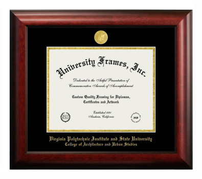 Virginia Polytechnic Institute and State University College of Architecture and Urban Studies Diploma Frame in Satin Mahogany with Black & Gold Mats for document: 8 1/2"h x 11"w  