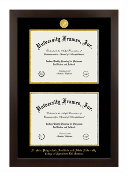 Virginia Polytechnic Institute and State University College of Agriculture Life Sciences Double Diploma Frame in Manhattan Espresso with Black & Gold Mats for document: 8 1/2"h x 11"w  , document: 8 1/2"h x 11"w  