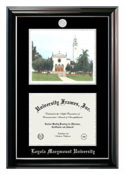 Loyola Marymount University Double Opening with Campus Image (Stacked) Frame in Classic Ebony with Silver Trim with Black & Silver Mats for document: 8 1/2"h x 11"w  