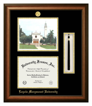 Loyola Marymount University Double Opening with Campus Image & Tassel Box (Stacked) Frame in Satin Walnut with Black & Gold Mats for document: 8 1/2"h x 11"w  
