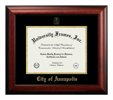 City of Annapolis Diploma Frame in Satin Mahogany with Black & Gold Mats for document: 8 1/2"h x 11"w  