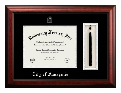 City of Annapolis Diploma with Tassel Box Frame in Satin Mahogany with Black & Silver Mats for document: 8 1/2"h x 11"w  