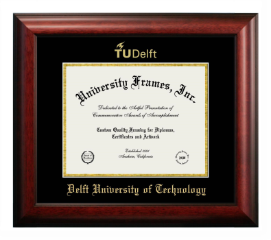 Delft University of Technology Diploma Frame in Satin Mahogany with Black & Gold Mats for document: 8 1/2"h x 11"w  