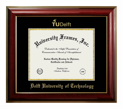 Delft University of Technology Diploma Frame in Classic Mahogany with Gold Trim with Black & Gold Mats for document: 8 1/2"h x 11"w  