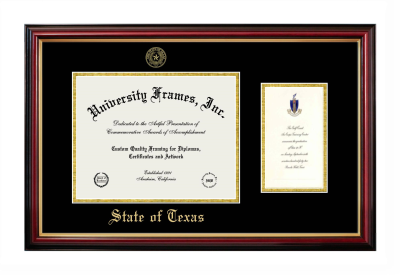 State of Texas Diploma with Announcement Frame in Petite Mahogany with Gold Trim with Black & Gold Mats for document: 8 1/2"h x 11"w  , diploma: 7"h x 4"w  