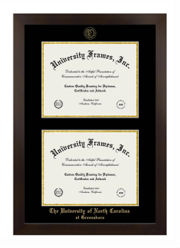 University of North Carolina at Greensboro Double Diploma Frame in Manhattan Espresso with Black & Gold Mats for document: 8 1/2"h x 11"w  , document: 8 1/2"h x 11"w  