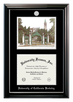 University of California Berkeley Double Opening with Campus Image (Stacked) Frame in Classic Ebony with Silver Trim with Black & Silver Mats for document: 8 1/2"h x 11"w  