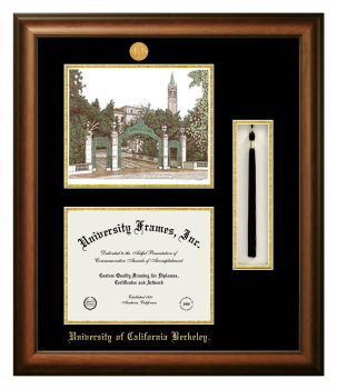 University of California Berkeley Double Opening with Campus Image & Tassel Box (Stacked) Frame in Satin Walnut with Black & Gold Mats for document: 8 1/2"h x 11"w  