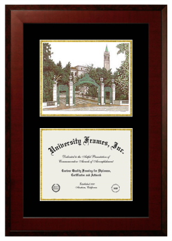 University of California Berkeley Double Opening with Campus Image (Unimprinted Mat) Frame in Honors Mahogany with Black & Gold Mats for document: 8 1/2"h x 11"w  