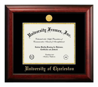 University of Charleston Diploma Frame in Satin Mahogany with Black & Gold Mats for document: 8 1/2"h x 11"w  