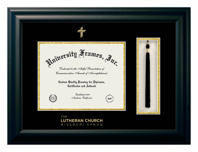 Lutheran Church Missouri Synod Diploma with Tassel Box Frame in Satin Black with Black & Gold Mats for document: 8 1/2"h x 11"w  