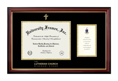 Lutheran Church Missouri Synod Diploma with Announcement Frame in Petite Mahogany with Gold Trim with Black & Gold Mats for document: 8 1/2"h x 11"w  , diploma: 7"h x 4"w  