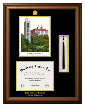 University of Kansas Clinical Informatics Double Opening with Campus Image & Tassel Box (Stacked) Frame in Satin Walnut with Black & Gold Mats for document: 8 1/2"h x 11"w  